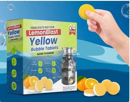 LemonBlast Yellow Bubble Tablets for Deep Cleaning | Multi-Use Foaming Tablets for Kitchen Sink, Drain, Pipes & Disposal | Helps Remove Residue & Refreshes with Active Foam | 24 Pack